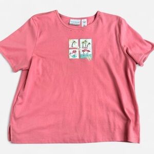 Alfred Dunner Coral Flamingo Embroidered Tee